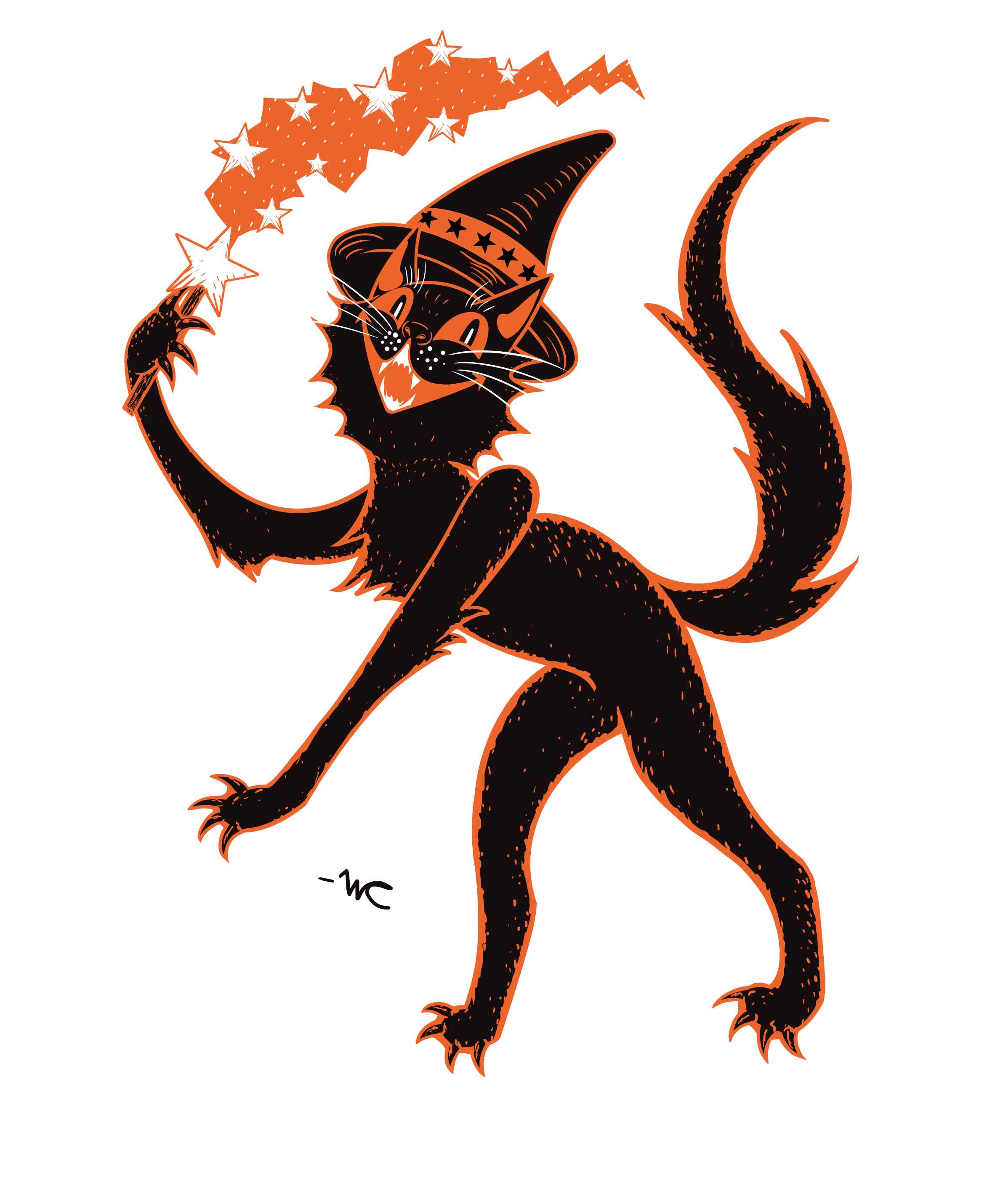 A black and orange cat drawn in a Beistle style. It has a witch hat and a magic wand that's shooting stars. It has a happy expression with its mouth open and smiling.